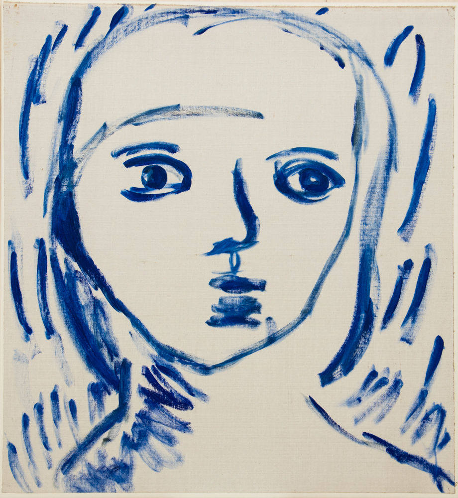 Målning föreställande ett ansikte målad med blå linjer
